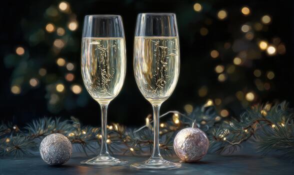Two champagne flutes with a Christmas tree in the background photo