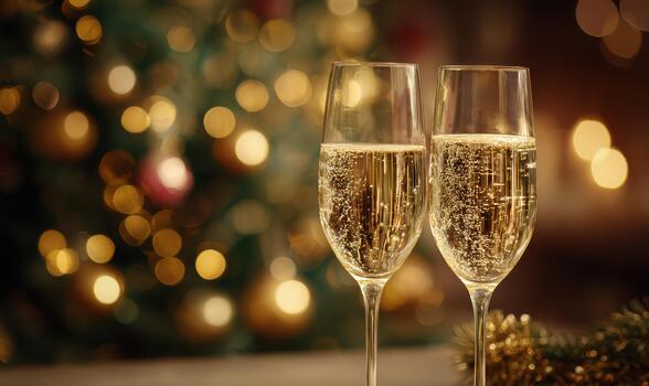 Two champagne glasses are on a table next to a Christmas tree photo