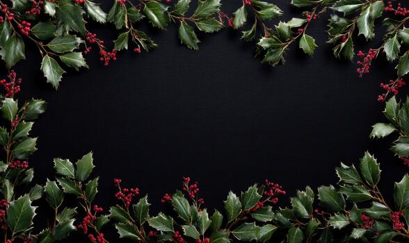 A black background with a frame of evergreen leaves and berries photo