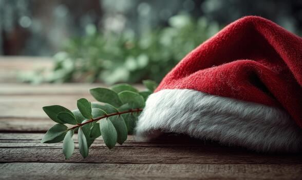 A red hat with a white band sits on a wooden table next to a leaf photo
