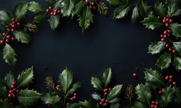 A black background with a green and red holly bush photo