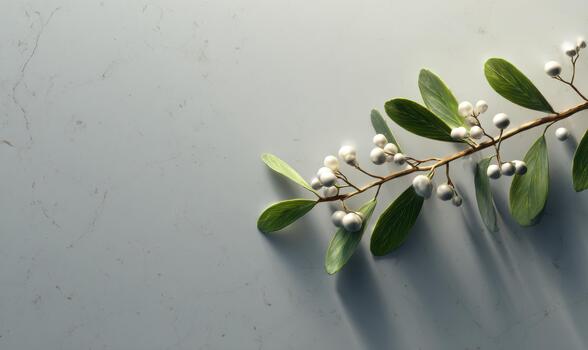 A leafy branch with white berries is on a white background photo