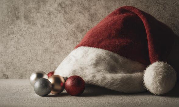 A red hat with a white band sits on a table with a bunch of Christmas ornaments photo