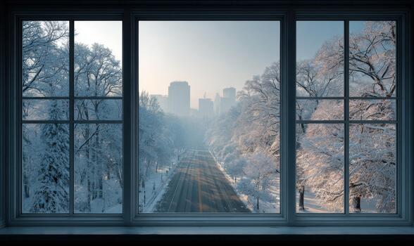 A window view of a snowy city street with a few trees in the background photo