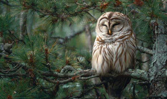 A brown and white owl is perched on a tree branch photo