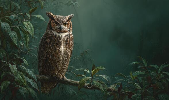 A large owl is perched on a branch in a dark forest photo