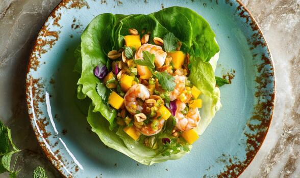 A plate of food with a shrimp salad on top of a lettuce leaf photo