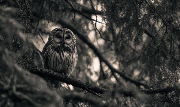 A black and white owl is perched on a tree branch photo