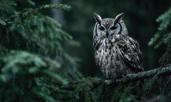A large owl is perched on a tree branch in a dark forest photo