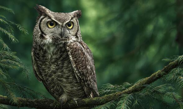 A large owl is perched on a tree branch photo