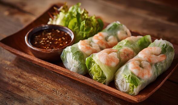 A plate of food with three spring rolls and a dipping sauce photo