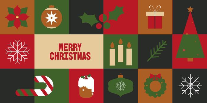 Abstract Christmas geometric background. Minimalistic New Year symbols in retro style. vector