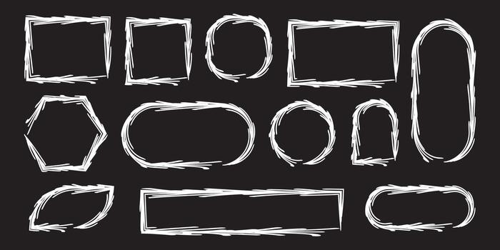 A set of hand-drawn frames. A collection of rectangular, square, and round geometric shapes. Outlined text boxes in a doodle style with texture. vector