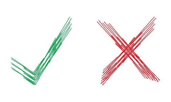 A set of green checkmarks and red crosses, drawn with a brush. Grunge texture of the yes and no elements. vector