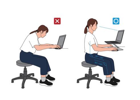 Correct and Wrong Ergonomic Sitting Posture Diagram. Adjusting Working Environment for Computer Use, Optimal Angles, and Spine Health. vector