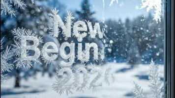 nuovo inizi 2020 testo animazione formatura a partire dal brina su un' finestra. nevoso inverno foresta sfondo. contento nuovo anno saluto video