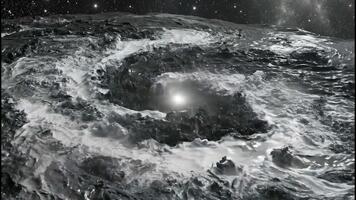 Abstract monochrome animation of a cosmic vortex. Vertical of a swirling spiral galaxy forming in deep space with a bright light at the center. Science fiction background video