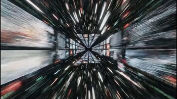 vertical de un viaje mediante un futurista digital túnel de pantallas volador mediante un ciberespacio corredor de transmisión datos. tecnología y Internet concepto video