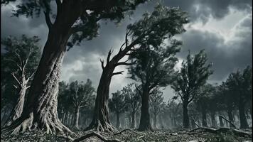 Vertical of a dark forest with a stormy sky. A dead tree rapidly grows lush green foliage, symbolizing regeneration and nature's power video