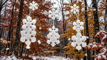 Animated snowflakes transform into glowing lights in a snowy autumn forest. A magical spiderweb of light forms between the trees. Winter fantasy motion graphics video