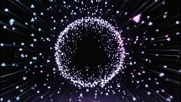 en lysande neon triangel exploderar in i partiklar formning en stjärna av david. vertikal animering av de jewish symbol visas från skimrande ljus. abstrakt rörelse grafik för en religiös intro video