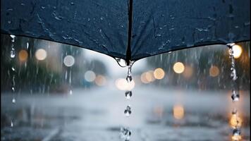 goccia di pioggia caduta a partire dal un ombrello nel lento movimento. avvicinamento di un' acqua far cadere la creazione di un' spruzzo su un' bagnato città strada. lunatico e atmosferico tempo metereologico concetto con un' bokeh sfondo video