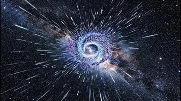 animerad resa genom en Plats maskhål på varp fart. vertikal av flygande genom en virvlande galax virvel. hyperspace och interstellär resa begrepp video