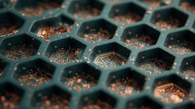 Macro view of a high-tech honeycomb structure with gold circuit board details photo