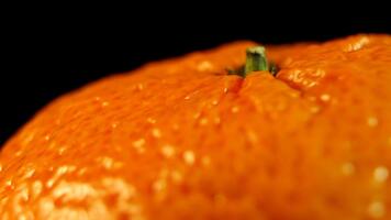 Studio shot of a whole mandarin with a stem and leaf fragment if applicable spinning against a solid color backdrop. Focus on the fresh, unblemished surface. video