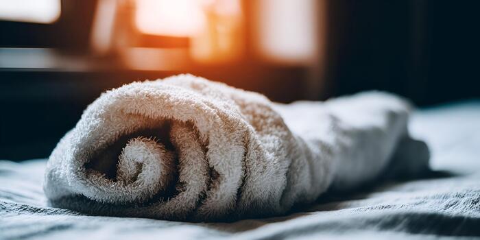 A soft white fluffy towel is neatly rolled on a clean textured surface with warm light in the background photo
