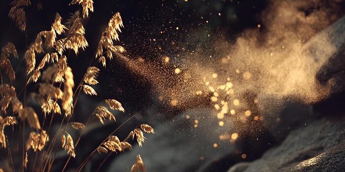 Golden grasses are illuminated by warm sunlight with sparkling pollen and bokeh in a dark natural setting photo