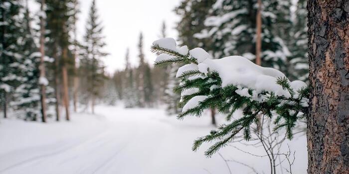 un nieve cubierto pino rama y árbol maletero estar en un pacífico invierno bosque escena con un Nevado camino líder dentro el antecedentes foto