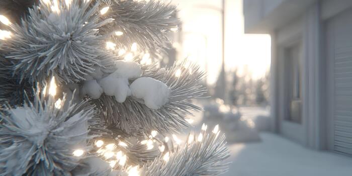 A close up of frosted pine branches decorated with glowing white string lights and snow with a blurred winter background photo