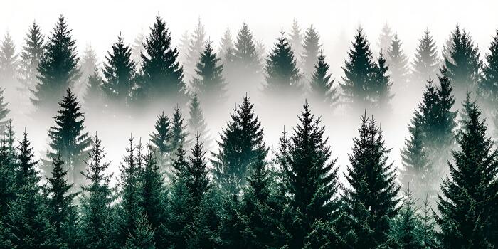 Pine trees emerge from a dense layer of mist creating an atmospheric forest scene photo