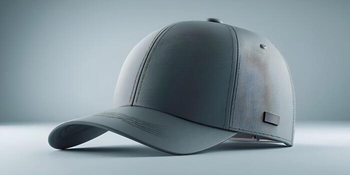 A simple grey baseball cap with a textured fabric and a blank tag sits on a gradient background photo