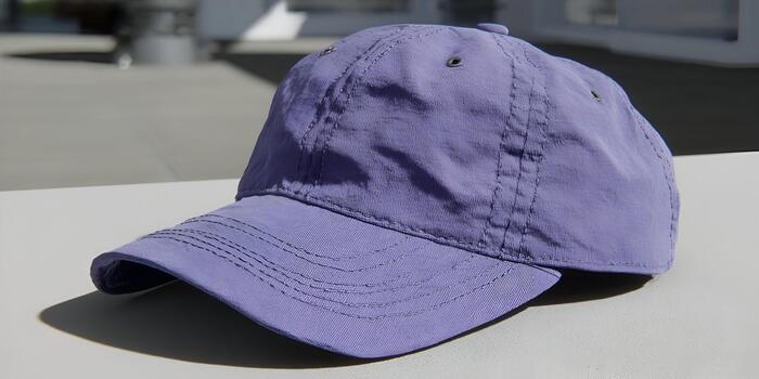 A single purple baseball cap rests on a light gray surface outdoors under natural daylight photo