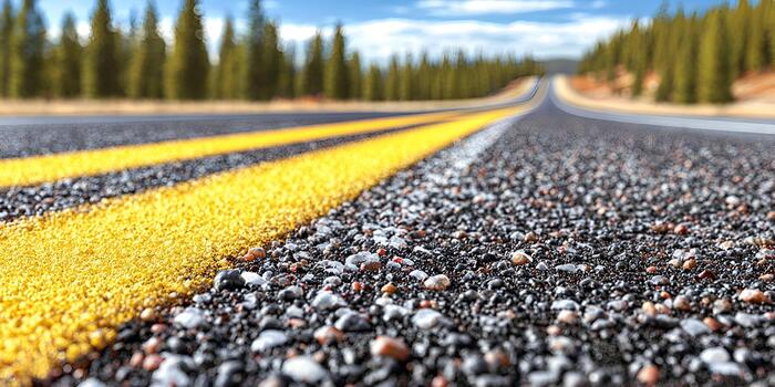 A low angle view showcases the rough texture of asphalt and double yellow lines on an open road with a blurred forest in the distance photo