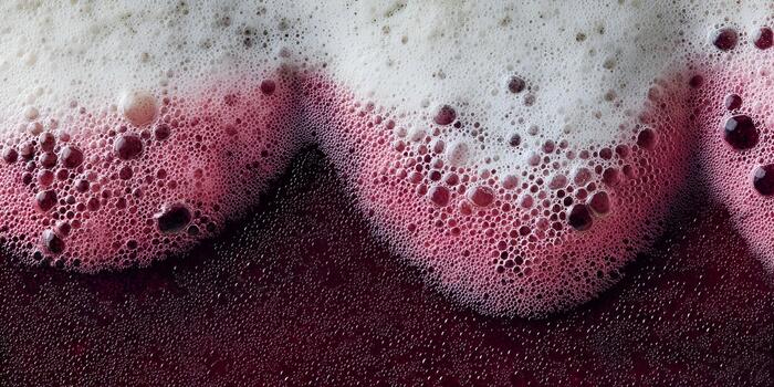 White foam sits atop a vibrant red liquid surface creating an abstract and dynamic texture photo