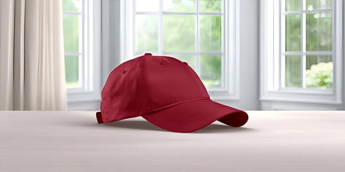 A plain dark red baseball cap is displayed on a light surface with a blurred window and curtains in the background photo