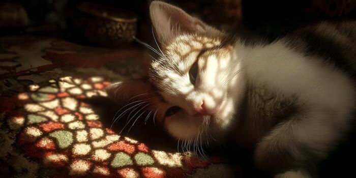A sleepy kitten rests on a patterned rug basking in warm sunlight creating beautiful patterns on its fur photo