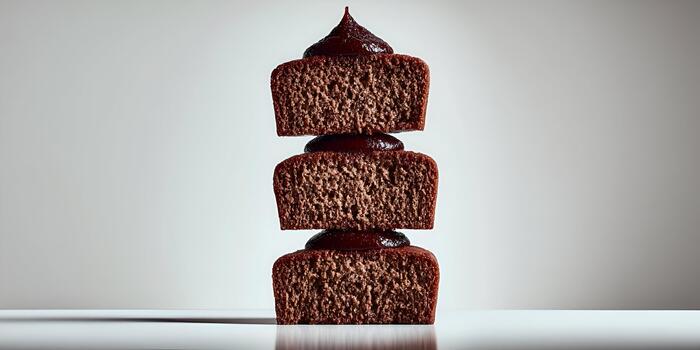 Three rectangular pieces of dark chocolate cake are stacked vertically with red jam between layers on a white background photo