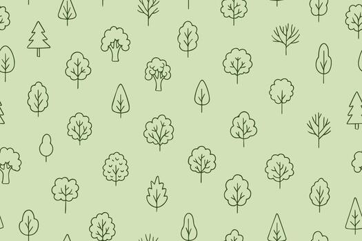 Seamless illustration featuring a repeating pattern of various tree outlines on a light green background. Perfect for environmental designs, backgrounds, and eco-friendly projects. vector