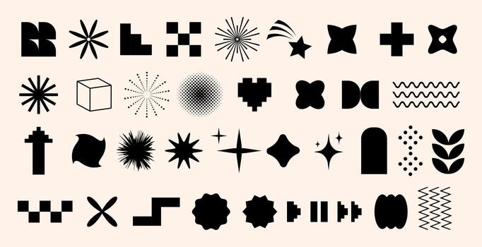 Set of bold abstract retro shapes and geometric forms, elements, symbols, and minimal icons, perfect for use in modern design, branding, digital layouts, web UI, and posters. illustration vector
