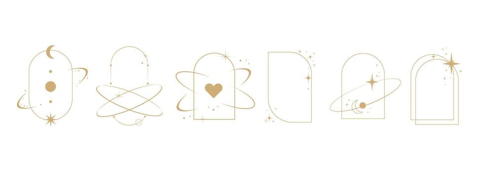 Set of minimal gold arch frames with celestial elements including moons, stars, planets, sparkles, and orbit lines, for modern design, branding, spiritual graphics, invitations. illustration vector