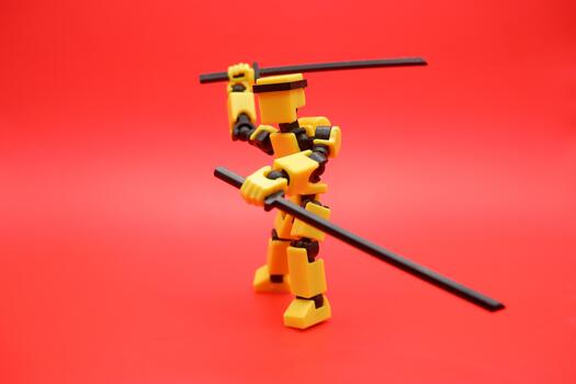Toy Action Figure Posing with Dual Swords on Red Background photo