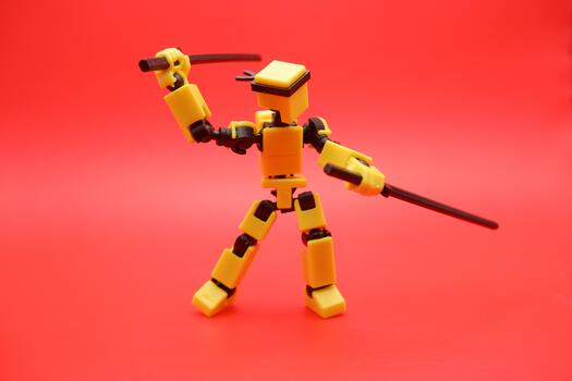 Creative Toy Pose with Twin Swords Against Red Backdrop photo