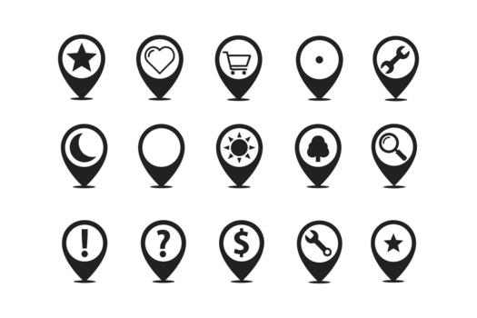 Black map pointers set with various icons. Location pin symbols vector