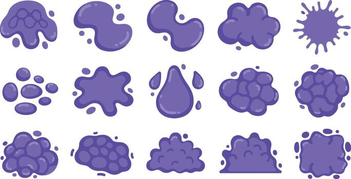 Collection of fifteen purple cartoon splatters and blobs on white background on transparent background vector