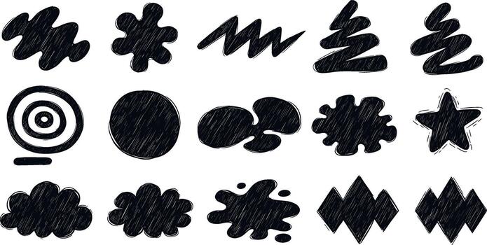 Collection of black scribbled shapes on white background on transparent background vector