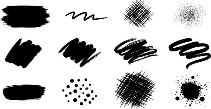 Collection of black ink brush strokes, scribbles, and splatters on white background on transparent background vector